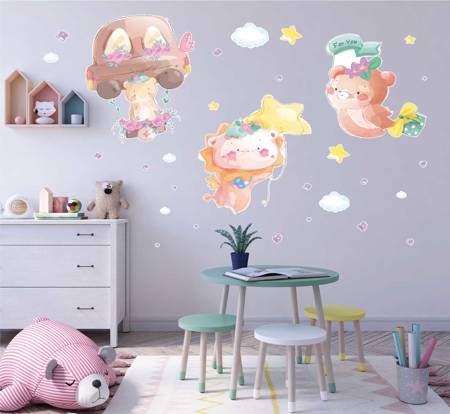 Naklejka ścienna dla dzieci - balony, chmurki, kwiaty, urocze Zwierzątka 100x50cm